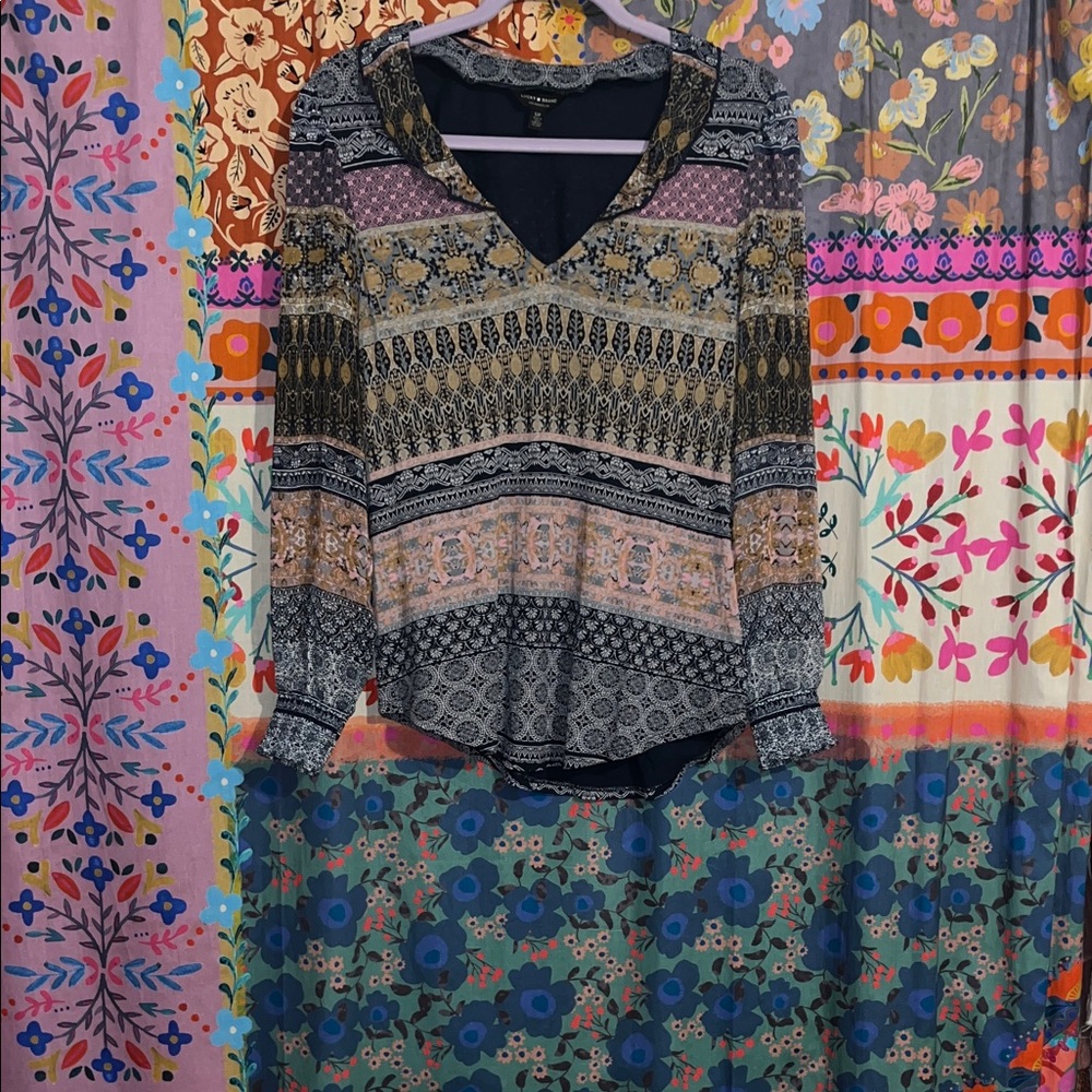 LUCKY BRAND Cotton Blend Boho Yellow/Blue/Pink Long Sleeve V-Neck Blouse Size Sm